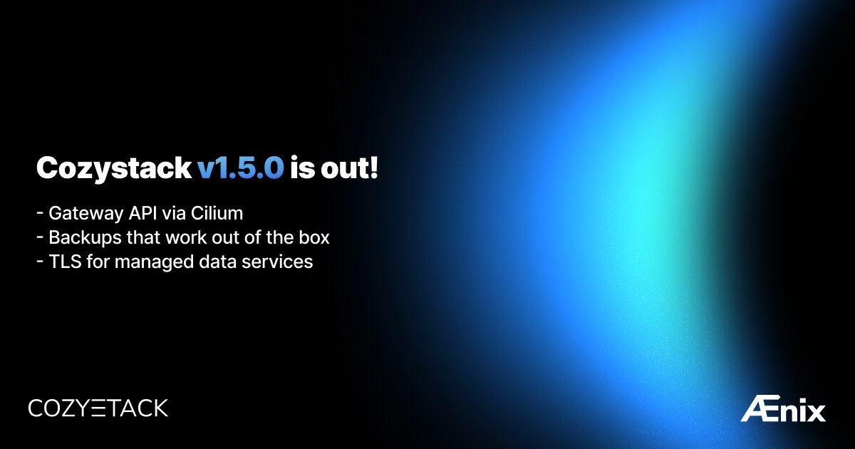 Cozystack v1.5.0 release banner — Gateway API, default backups, Flux sharding, TLS, and GPU passthrough